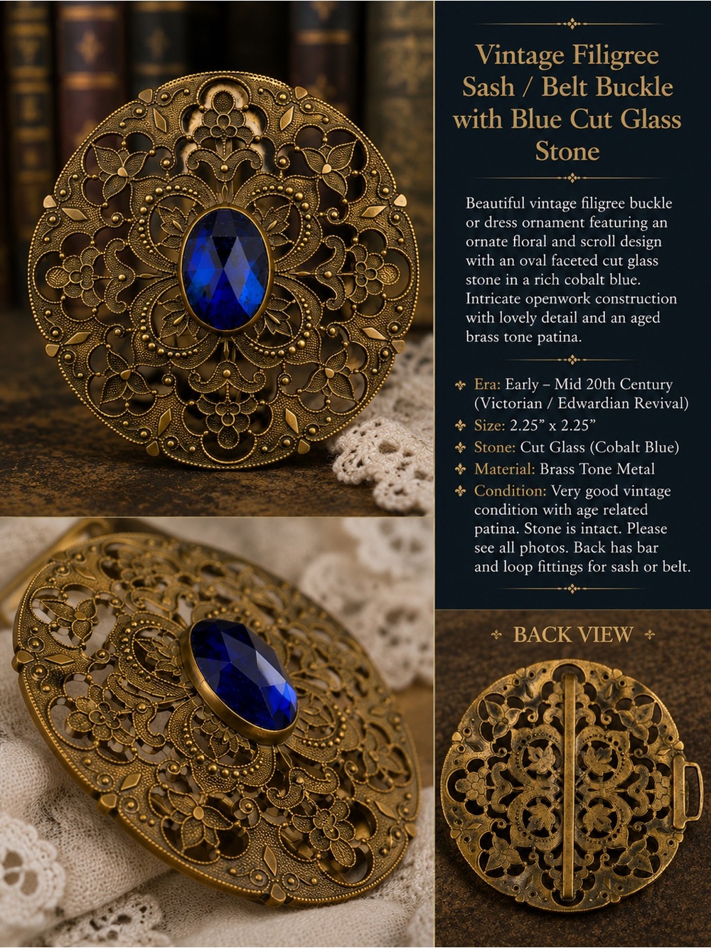 Vintage Ornate Filigree Sash Belt Buckle Cobalt Blue Cut Glass Art Nouveau Style